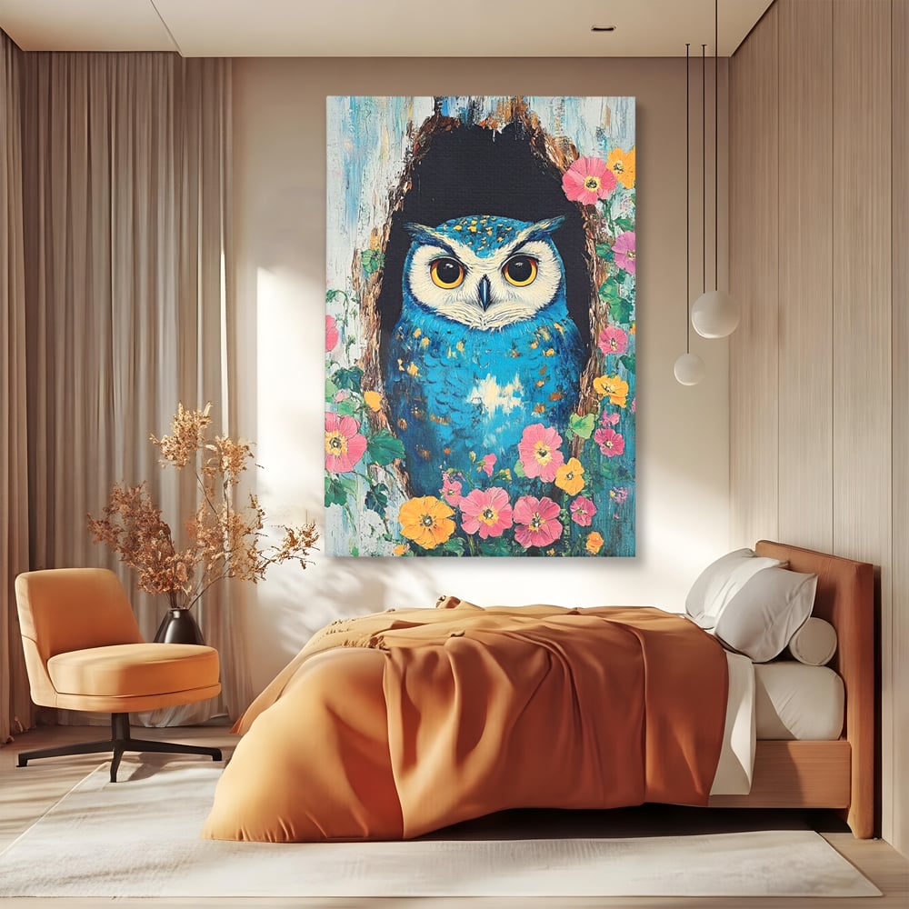 Tablou canvas cu tablou canvas cu bufnita albastra, fara rama, pe sasiu de lemn, pe perete intr-un dormitor